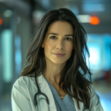 Female doctor with brown hair looking forward with a slight smile, wearing a stethoscope