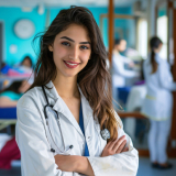 Young female doctor with long brown hair smiling with her arms folded and a stethoscope around her neck