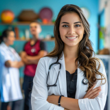 Young female doctor with long brown hair smiling with her arms folded and a stethoscope around her neck