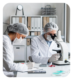 Two medical providers wearing masks and hairnets working in a lab, using a microscope and taking notes
